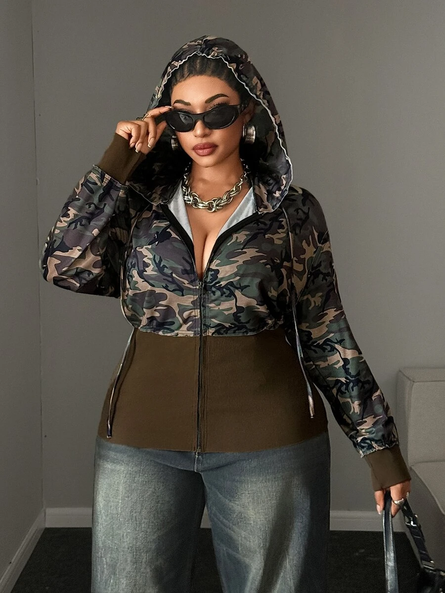 Maweii Plus Size Women's New Camouflage Print Hooded Long Sleeve Sweatshirt Fall - Army Green - View 1