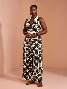 JIAN LASALA Jumpsuit Kasual Musim Panas Wanita Ukuran Plus Tanpa Lengan dengan Kerah dan Kancing, Motif Aneka Warna Kontras Warna - MultiWarna - View 4