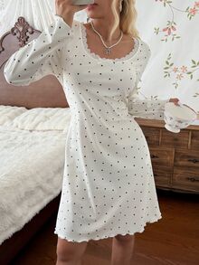 CottageSlumber Women's Lace Trim Fashion Minimalist Heart Print Long Sleeve Nightgown - Beige - View 1