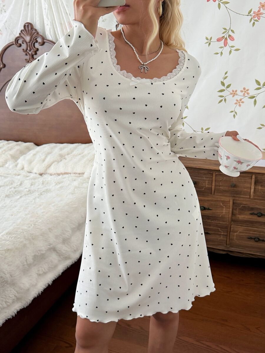 CottageSlumber Women's Lace Trim Fashion Minimalist Heart Print Long Sleeve Nightgown - Beige - View 1