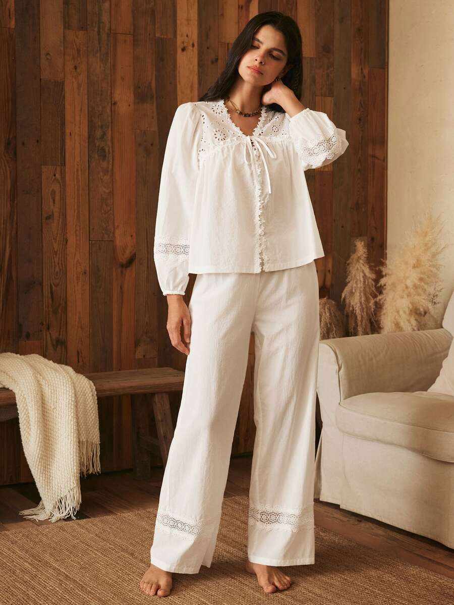Lullawish Bộ đồ ngủ nữ màu trắng phong cách Bohemian bằng cotton nguyên chất, phối ren rỗng, đính nơ thắt dây - trắng - Xem 1