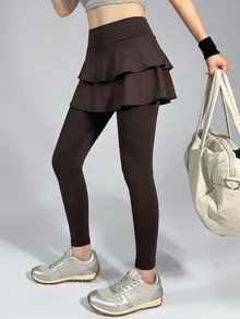 DAZY Legging Olahraga Wanita Kasual Serbaguna Empat Musim, Pinggang Tinggi, Dua Lapisan, Hem Berumbai, Patchwork, Potongan Ramping, Elastis, Warna Kopi - Coklat - View 8