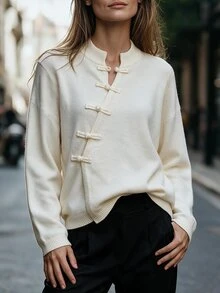 Omancia Women Frog Button Front Knit Cardigan, Long Sleeve Stand Collar Chinese Style Solid Sweater Coat - Apricot - View 4
