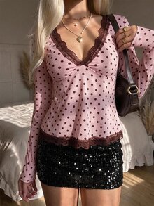 CovetEZ Women's Casual Comfortable Light Pink Contrast Lace Long Sleeve Top, Autumn/Winter - 淺粉色 - 查看 8