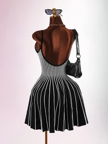 Amplova Women's Striped Low Cut Backless A-Line Knit Dress - Suitable For Street Photography, Parties, Halloween - Black and White - View 1