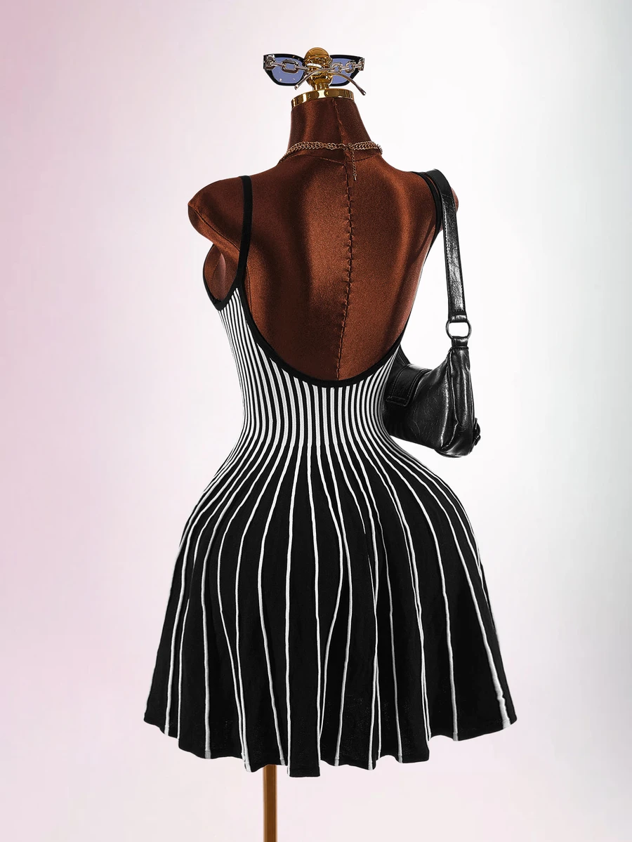 Amplova Women's Striped Low Cut Backless A-Line Knit Dress - Suitable For Street Photography, Parties, Halloween - Black and White - View 1