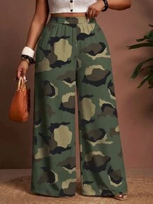 Slaydiva Plus Size Women's Camouflage Casual Wide Leg Pants For Daily Wear - Multicolor - View 3