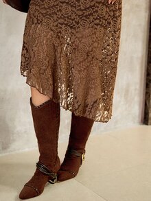 Roveilla Plus Size Autumn/Winter Satin Blouse And Lace Skirt Elegant 2 Pieces Set For Party - Brown - View 6
