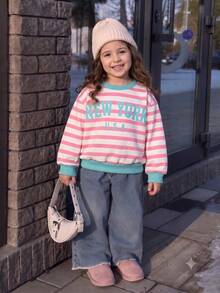 Elladie kids 女童休閒條紋字母印花保暖內裡套頭長袖衛衣，秋冬上衣 - 彩色 - 查看 6