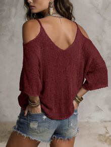 Solivie Women's Vacation Casual Colorblock Striped Cold Shoulder Spaghetti Strap Sweater - Burgundy - View 2