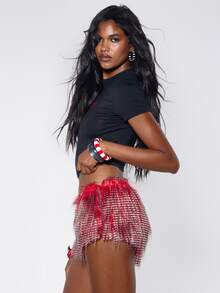 MUSERA Black Diamante Graphic Crop Top Fall Winter Halloween Sexy Going Out Y2k - Black - View 2