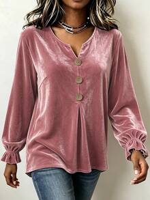 Linhara CURVE Plus Size Women's Autumn/Winter Pink Small V-Neck Button Decor Long Sleeve Petal Sleeve Loose Slimming Blouse - Pink - View 5
