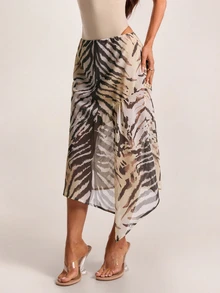 SHEIN BAE Fall Apricot Animal Print High Waist Asymmetrical Flowy Chiffon Midi Skirt Vacation Boho Date Street Casual Beach - Multicolor - View 1