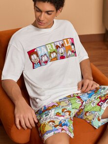 GARFIELD | SHEIN Men's Cartoon Print Short Sleeve T-Shirt And Shorts Loungewear Set - White - View 5
