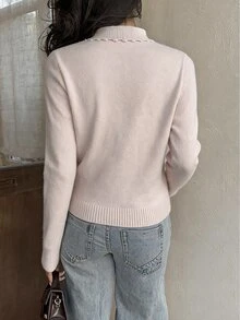 FavEase Women's Autumn/Winter Casual Youthful Horizontal Pocket Lace Patchwork Knit Cardigan - Pink - View 2