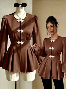 Fine & Folde Women's Round Neck Pleated Casual Versatile Daily Wear Blouse - Coffee Brown - View 3