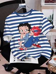 Betty Boop x SHEIN 女款條紋唇形印花圓領短袖休閒T恤 - 白色 - 查看 3
