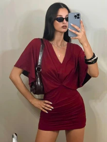 EgrlEra Y2K Sexy Deep V-Neck Ruffle Sleeve Ruched Bodycon Mini Dress - Burgundy - View 3