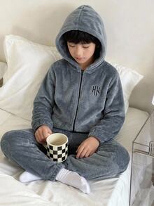 SHEIN Tween Boy Autumn/Winter Minimalist Letter Embroidered Pattern Long Sleeve Hooded Zip-Up Soft Skin-Friendly Flannel Loungewear Jumpsuit - Grey - View 9