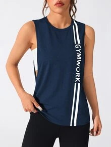 SHEIN Sports 女款字母印花日常健身運動背心 - 藏蓝色 - 查看 6