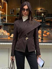 Aloruh Women's Elegant Business Commute Coffee Color Blazer With Shawl Decoration Solid Color Long Sleeve Jacket Autumn/Winter - Coffee Brown - View 1