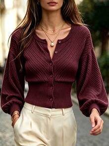 Balvessa Women's Solid Color Drop Shoulder Long Sleeve Single-Breasted Knit Thin Cardigan - Burgundy - View 3