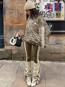 Teen Girl Round Neck Zebra Print Long Sleeve Sweatshirt & Leggings 2pcs Set, Suitable For Autumn/Winter - Multicolor - View 4