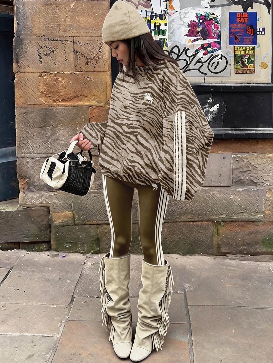Teen Girl Round Neck Zebra Print Long Sleeve Sweatshirt & Leggings 2pcs Set, Suitable For Autumn/Winter - Multicolor - View 1