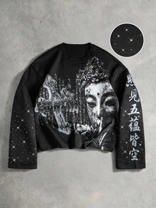 ROMWE MEN Men's Casual Letter Print Rhinestone Long Sleeve T-Shirt - Black - View 1