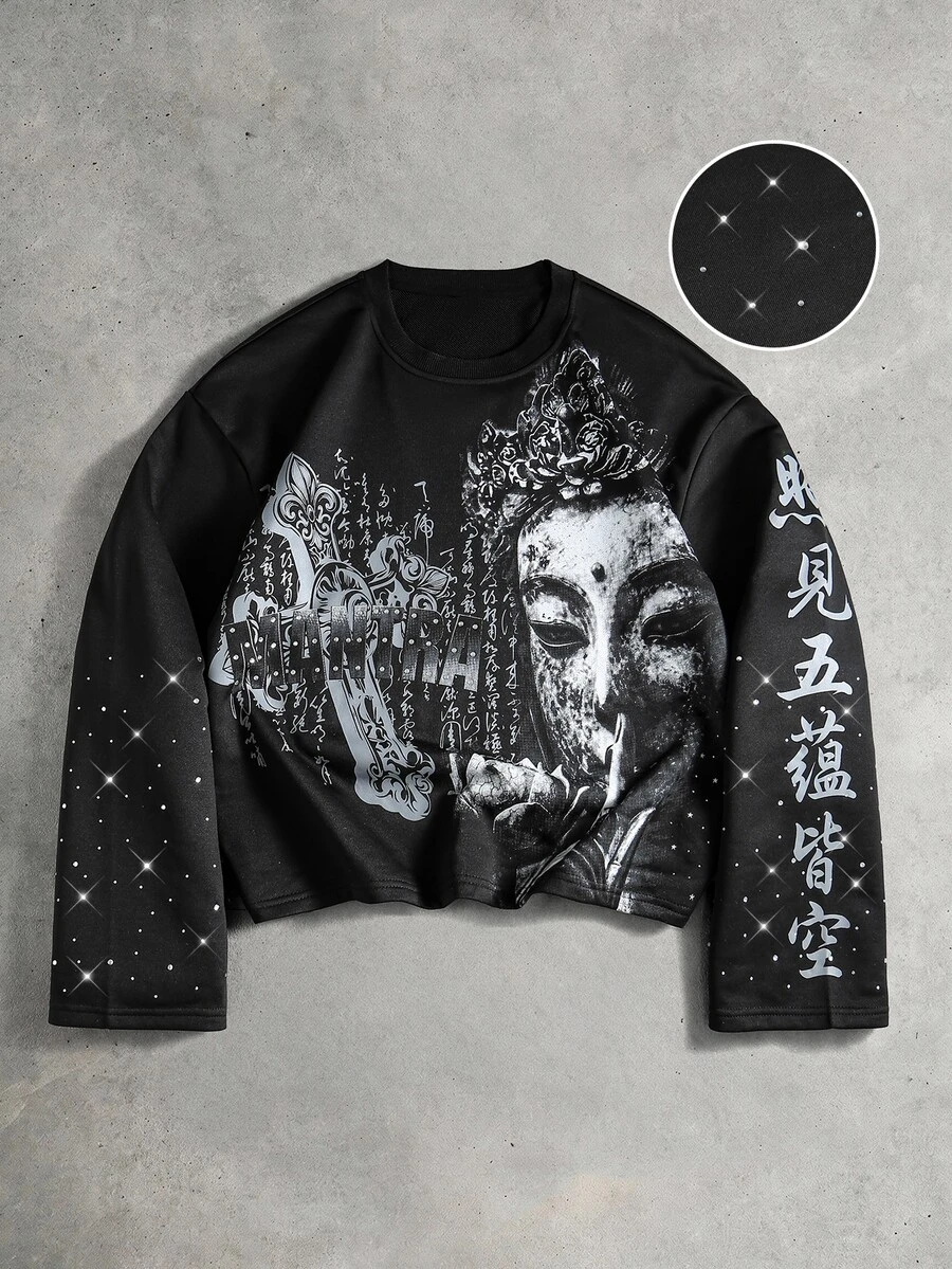 ROMWE MEN Men's Casual Letter Print Rhinestone Long Sleeve T-Shirt - Black - View 1