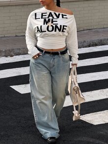 Muchica Plus Size Women's Slogan Print Asymmetrical Shoulder Long Sleeve Ruched Casual T-Shirt - White - View 6