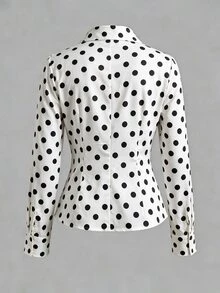 Olithes Plus Size French Style Pleated Button Polka Dot Print Blouse - Blue and White - View 2