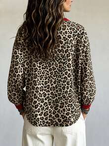 SHEIN Women's Autumn/Winter Casual Commute Loose Leopard Print Colorblock Long Sleeve Crew Neck Sweatshirt - Brown - View 2
