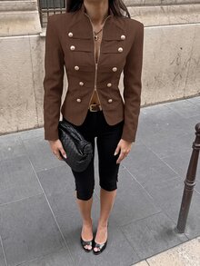 Lavishia 女款新款極簡主義春夏復古立領襯衫上衣，修身拉鍊前開拿破崙/軍裝夾克背心，女款夏季服飾，適合外出、鄉村音樂會穿搭、夏季上衣，適用於通勤、休閒、街頭穿搭 - 咖啡棕 - 查看 8