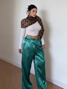 Sunnyshic Glossy Solid Color Draped Straight Leg Pants With Slanted Pockets - Blue - View 5