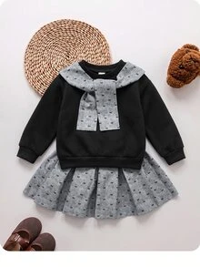 SHEIN 女嬰蝴蝶結圖案披肩設計運動衫與百褶裙休閒套裝 - 黑色 - 查看 4