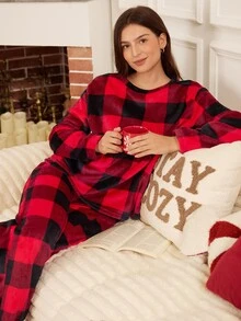 Doze Lane Versatile Minimalist Red Plaid Long Sleeve Loungewear Pajama Set - Multicolor - View 5