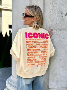 Lalippa 女款 ICONIC 世界巡演城市名稱印花圓領衛衣，正反面圖案、寬鬆落肩休閒秋季街頭風衛衣 - 杏色 - 查看 4