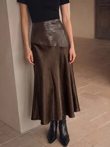 Modelyn Women's Elegant Textured Leather Asymmetric Patchwork Satin Draped Skirt - Coffee Brown - View 7
