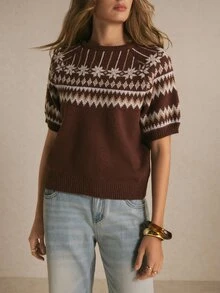 Poéselle Women's Casual Versatile Pullover, Fair Isle Pattern Short Sleeve, Suitable For Daily Wear,Women Fall Winter Sweater,Fashionable Tops - Brown - View 4
