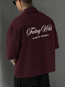 SLATEMANN Men's Letter Striped Short Sleeve Single-Breasted Casual Shirt - Burgundy - View 1