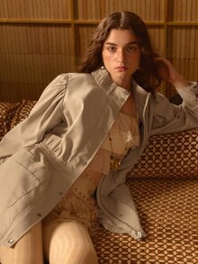 MOTF STUDIO WOMEN'S AUTUMN WAIST DRAWSTRING UMBRELLA HEM SINGLE-BREASTED LONG TRENCH COAT - Khaki - View 2