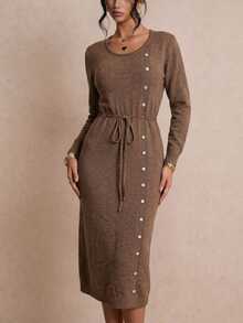 Linhara CURVE Slouchy Cinched Waist Knit Dress, Round Neck Long Sleeve Midi Length Sweater Dress - Brown - View 3