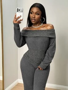 BamGleam Women's Solid Color Off-Shoulder Long Sleeve Top And Pants Casual Daily 2 Pieces Set - Grey - View 6