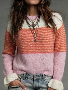 SHEIN 圓領拼接設計波浪袖套頭毛衣 - 彩色 - 查看 1