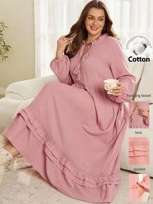 EMERY ROSE Plus Size Women's Solid Color Frill Trim Tassel Tie Neck Long Sleeve Dress - Dusty Pink - View 7