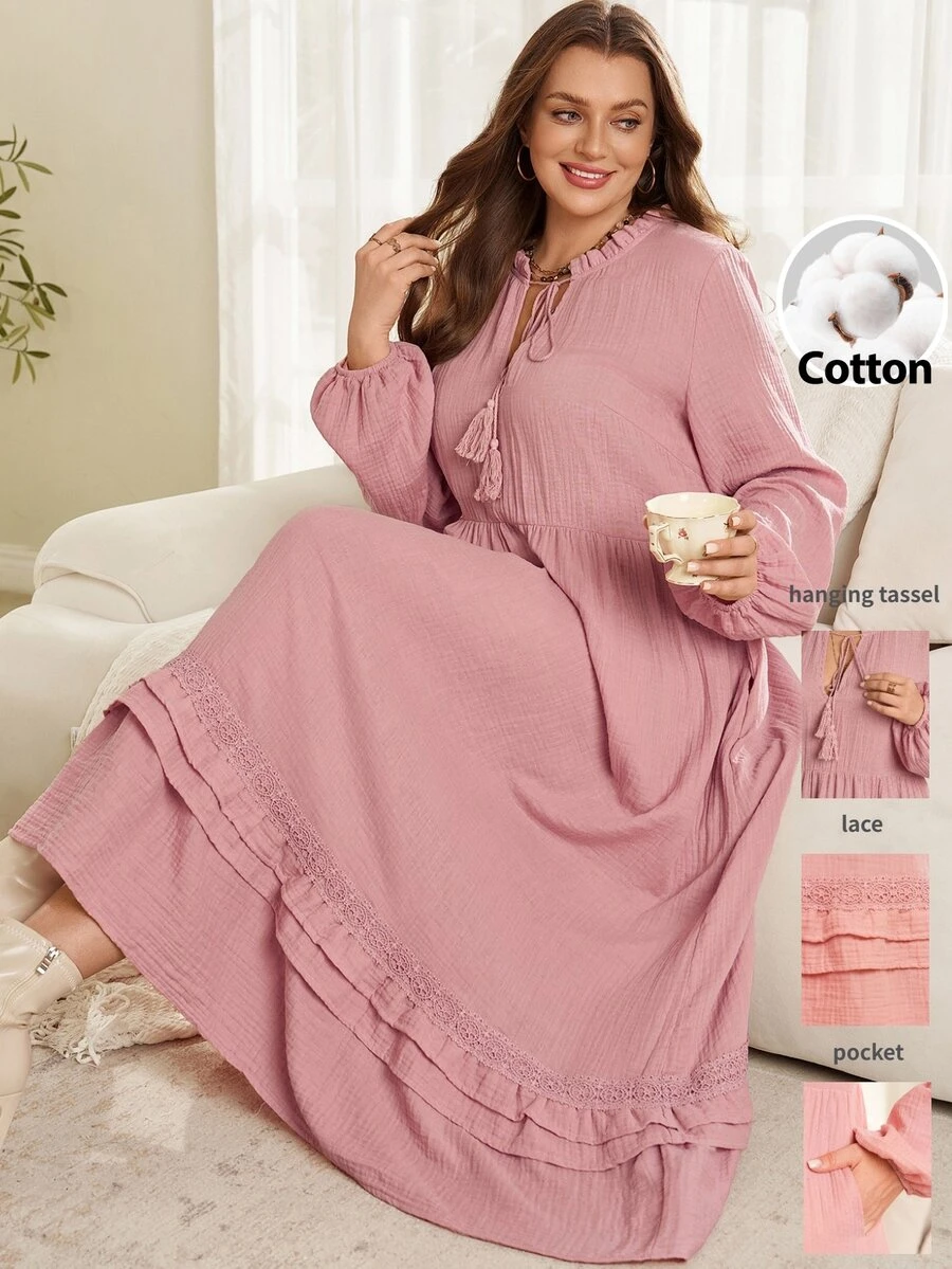 EMERY ROSE Plus Size Women's Solid Color Frill Trim Tassel Tie Neck Long Sleeve Dress - Dusty Pink - View 1