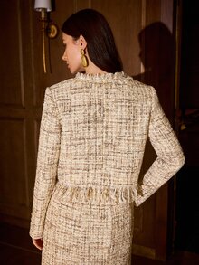 MOTF PREMIUM FRENCH VINTAGE ELEGANT BEIGE BROWN SHINY TWEED SHORT JACKET, ROUND NECK GOLD BUTTONS TASSEL FRINGE LADY STYLE -INSPIRED TOP, AUTUMN/WINTER OFFICE - Champagne - View 9