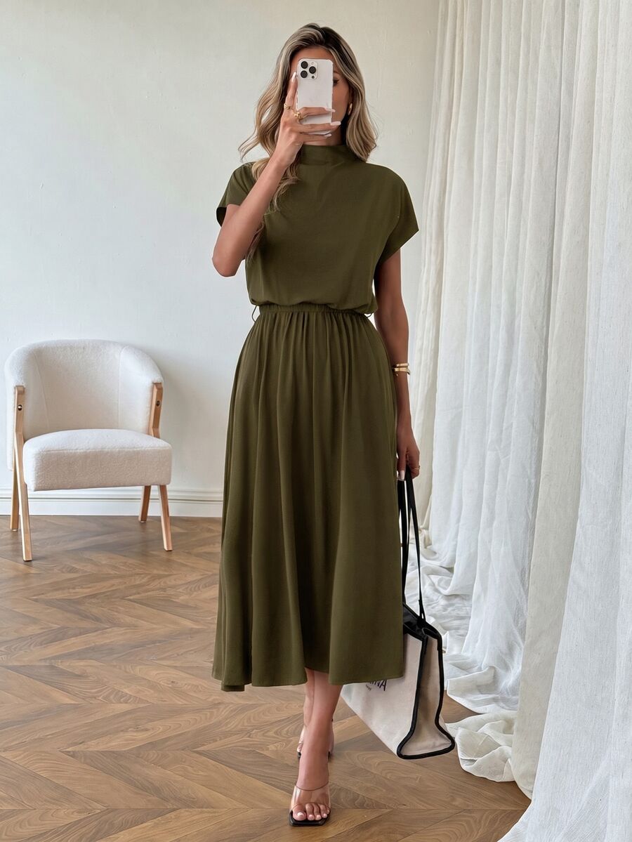 Easowa Casual Elegant Women's Half-High Neck Low Waist Dress Office ...