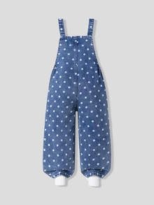 SHEIN Genkimix Kids 女嬰秋季波點牛仔吊帶褲，復古波點印花配大蝴蝶結前襟，寬鬆大腿褲管，休閒長褲，適合上學與外出 - 中等水洗藍 - 查看 2
